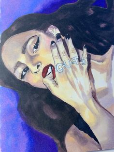 a painting of a woman holding her hand to her face with the word guts written on it