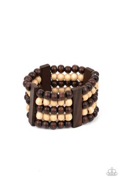 Held in place by rectangular wooden frames, strands of brown and white wooden beads are threaded along stretchy bands around the wrist for a colorfully tropical look. Sold as one individual bracelet. P9SE-BNXX-173XX Paparazzi Jewelry Images, Paparazzi Accessories Jewelry, Nickel Free Jewelry, Brown Bracelet, Brown Jewelry, Wooden Bracelet, Jewelry Catalog, Glitter Girl, Wood Bracelet