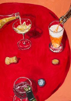 a painting of wine and food on a red table