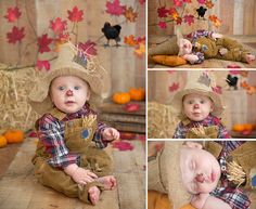 a baby wearing a scarecrow hat and sitting on hay