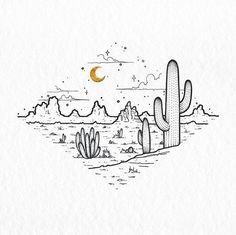 a drawing of a desert with cactus and moon in the sky, on white paper