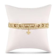 Bliss Bar, Cross Gold, Stack Bracelet, Gold Charm, 14kt Gold, Hand Beading