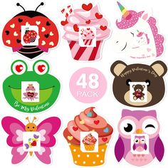 various stickers with different designs and animals on the top one has a cupcake