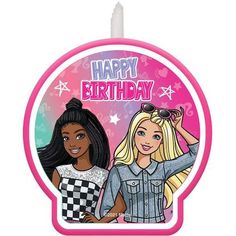 a birthday candle with two barbies on it and the words happy birthday written in pink