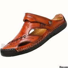 Russoo - Premium Mens Stitched Non-slip Sandals: Assorted Colors, Durable, Quick-Dry, Closed Toe Beach Shoes for Spring and Summer Brown Casual Slip-ons For Summer, Leather Slip-ons For Summer Beach, Brown Summer Slip-ons With Round Toe, Comfortable Summer Outdoor Slip-ons, Casual Summer Outdoor Slip-ons, Comfortable Brown Slip-ons For Summer, Brown Summer Slip-on Shoes, Comfortable Brown Summer Slip-ons, Leather Slip-ons For Beach In Summer