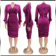 Fashion Midi Dress New Size S, M, L, Xl Available Strech Material. Purple Stretch Ruched Dress, Stretch Purple Ruched Dress, Elegant Purple Stretch Midi Dress, Elegant Stretch Purple Midi Dress, Chic Purple Stretch Dress, Chic Purple Long Sleeve Midi Dress, Chic Stretch Purple Dress, Purple Ruched Mini Dress Knee-length, Purple Knee-length Ruched Mini Dress