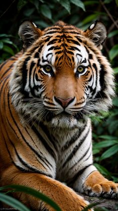 a large tiger laying down in the grass