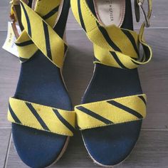 This Vibrant Chartreuse Yellow & Navy Esperadrille Wedge (4inches) Sandal Is The Pop Of Color You've Been Missising. Featuring A Natural Tan Color Jute, A Wide Stretchy Strap Across The Toes And Criss-Cross Band To Close With A Buckle. Great To Wear With Sundresses Or Jeans Tommy Hilfiger Wedge Heel Sandals For Beach, Tommy Hilfiger Beach Sandals With Wedge Heel, Tommy Hilfiger Wedge Sandals For Beach In Summer, Tommy Hilfiger Round Toe Wedge Sandals For Beach, Tommy Hilfiger Open Toe Wedge Sandals For Beach, Tommy Hilfiger Summer Beach Wedge Sandals, Casual Yellow Wedge Sandals With Round Toe, Casual Yellow Closed Toe Wedge Sandals, Yellow Wedge Sandals With Ankle Strap