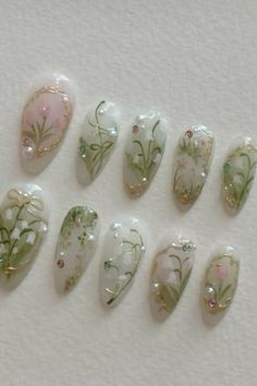 #aesthetic #aestheticnails #naildesign #design #nailart Lily Of The Valley Nails, Fairy Lily, Flowers Coquette, Fake Nails Designs, Coquette Fairy, Cute Nail Art Designs, Blush Nails