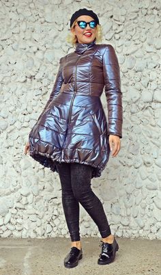 Metallic Waterproof Padded Jacket / Asymmetrical Padded by Teyxo Long Sleeve Coat, Gothic Clothing, Women Coat, Coat Winter, Long Sleeves Coats, Jacket Long, Coat Design, Gothic Outfits, Casual Coat