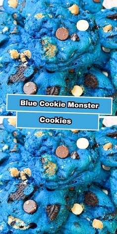 blue cookie monster cookies with chocolate chips and oreos on top are shown in two separate images