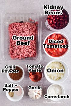 the ingredients for ground beef are shown in small bowls and labeled with their corresponding names