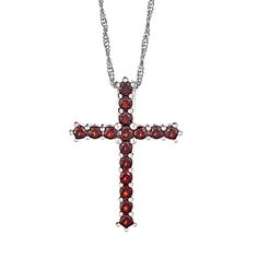 "Genuine garnet stones adorn this beautiful cross pendant, making it a piece you'll always treasure. Pendant Details: Pendant length: 1.25 in. Chain length: 18 in. Clasp: lobster-claw Metal: rhodium-plated sterling silver Stone Details: Stone type: genuine garnet Cut: round Setting: prong  Size: 18"". Color: Red. Gender: female. Age Group: adult." Red Cross Pendant Necklace For Gift, Red Cross Pendant Necklace Gift, Antique Silver Sterling Silver Cross Pendant Necklace, Red Cross Necklace In Sterling Silver, Red Crucifix Cross Necklace For Gift, Red Sterling Silver Cross Necklace, Spiritual Red Cross Pendant Necklace, Elegant Red Cross Pendant Jewelry, Red Crucifix Cross Necklace Gift