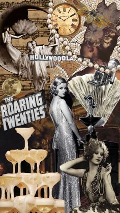 the roaring twenties collage shows women in art deco garb, including an ornate vase and clock