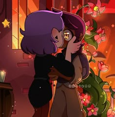 two cartoon characters hugging each other in front of a flower filled room with pink flowers