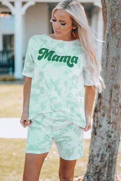 MAMA Graphic Tie-dye Maching Lounge Shirt and Shorts Set Plus Size Available Every mom needs a outfit she can do just about anything in.Great for the park, for kids outdoor sports events or other activities.Lightweight, durable & comfortable!Light-wash minty tie-dye.Two-piece matching outfit with top & bottom.Classic short-sleeve breathable shirt.MAMA graphic on the front.Round neckline.Medium hip length top.Shorts have a elastic cloth covered waistband.Medium biker-short length shortsAll materi Graphic Print Loungewear Sets With Short Sleeves, Graphic Print Short Sleeve Loungewear Sets, Tie Dye Loungewear, Neck Stretches, Loungewear Set, Tie Dye Print, T Shirt And Shorts, Summer Outfits Women, Matching Outfits