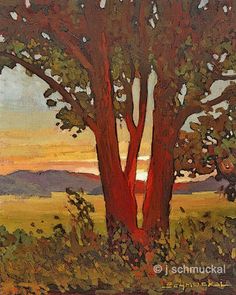 an oil painting of two trees in the sunset