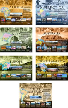 four different webpages with the names of countries on each page and an image of africa, australia, north america