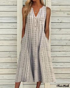 Color: gray, Size: S Stand Collar Dress, Sleeveless Skirt, Striped Sleeveless Dress, V Neck Midi Dress, Straight Dress, Vestido Casual, Loose Dress, Casual Summer Dresses, Dress With Pockets