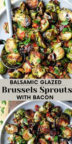 balsamic glazed brussel sprouts with bacon on a white plate