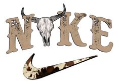 the nike logo is decorated with an image of a cow skull and letters that spell'n k e