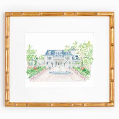 a watercolor painting of a large house