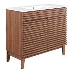 a wooden cabinet with a white sink on it's side and legs in the middle