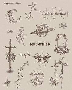 an old school tattoo design with the words moonchild and stars on it's back