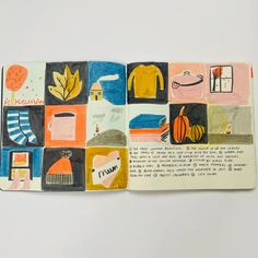 an open book with drawings and pictures on the pages in different colors, shapes and sizes