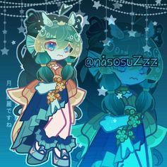 two anime characters standing next to each other in front of stars and moon decorations on the wall