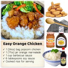 an image of easy orange chicken with rice and broccoli