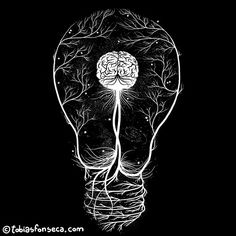 a black and white drawing of a light bulb with a brain inside it, surrounded by trees