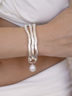 Materials 18K Gold Plated, Silver Plated, Steel, Stretch Elastic, Freshwater Pearl Length 2" Diameter Gold Stretch Bracelet, Pearl Cuff, Back Necklace, Liquid Gold, Gold Plated Bracelets, Chain Anklet, Layered Bracelets, Dream Jewelry, Pearl Size