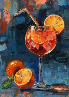 an oil painting of a drink with oranges