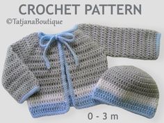 a crochet baby sweater and hat is shown with the measurements for each item