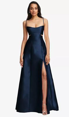 Open Neckline Cutout Satin Twill A-line Bridesmaid Dress With Pockets In Midnight Navy | The Dessy Group Navy Grad Dress, Jewel Tone Prom Dress, A-line Dresses, A Line Satin Dress, Navy Formal Dresses, 2024 Bridesmaid Dresses, Ruffles Gown, Navy Satin Dress, Navy Evening Gown