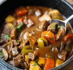 a spoon full of beef stew with carrots and celery