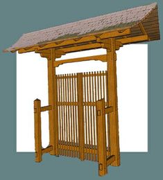 a small wooden structure with a roof on it's top and bottom part in the middle