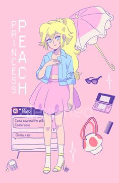 a drawing of a girl holding an umbrella next to other items on a pink background