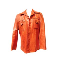 "This tailored and bold leather jacket is a quintessential mid-century, retro outerwear piece! It was made by Silton of California in the 1970's with exquisite tailoring and a timeless, flattering fit. It has a handsome, classic silhouette with seam work and a collar that is oh so 70's. The fabric is a beautiful shade of bright orange / red and is buttery smooth. The front has a single breasted button closure and two pockets. The interior has a gold toned silky satin lining so it will easily sli Fitted Vintage Brown Leather Jacket, Vintage Leather Jacket With Long Sleeves For Fall, Vintage Long Sleeve Leather Jacket For Fall, Vintage Leather Outerwear For Spring, Vintage Brown Fitted Leather Jacket For Fall, Vintage Leather Jacket For Spring, Fall Fitted Vintage Brown Leather Jacket, Fitted Vintage Brown Leather Jacket For Fall, Vintage Leather Jacket With Lapel Collar For Winter