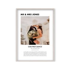 a wedding photo with the words mr and mrs jones on it, in black frame