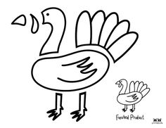 a black and white drawing of a turkey standing next to a smaller bird with its beak open