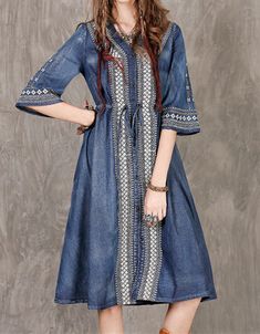 Women's Denim Dress High End Tribal Embroidery Floral V-Neck Mid Sleeve Western Style Cowgirl Dress Cowgirl Dress, Bridesmaid Dresses Long Lace, Denim Dress Summer, Cowgirl Dresses, Sleeve Embroidery, Womens Denim Dress, Party Dresses Online, Lace Party Dresses, Embroidery Floral