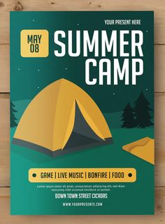 a flyer for a summer camp with a tent