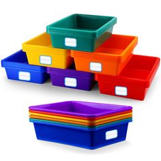 colorful plastic storage containers stacked on top of each other