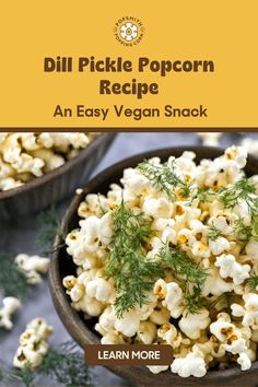 Want to make a bowl of dill pickle popcorn so tasty that your loved ones will keep asking for you more? This vegan dill pickle popcorn recipe is for you! Our easy homemade dill pickle popcorn recipe includes steps for making dill pickle popcorn seasoning from scratch and cooking stovetop popcorn on a popcorn popper. Visit the Popsmith blog today to learn more about this dill pickle popcorn recipe. | salty snacks Vegan Popcorn Recipes, Popcorn Snacks Healthy, Vegan Popcorn, Popcorn Recipes Easy, Savory Popcorn