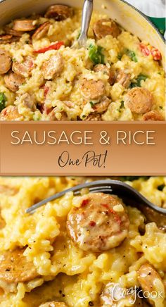 sausage and rice in a skillet with bell peppers Recipes That Use Ground Sausage, Dinner Bell Peppers, Sausage And Pepper Recipes, Easy Sausage Dinner Recipes Healthy, Cheese Sausage And Rice, One Pot Sausage And Pasta, Garlic Chicken Sausage Recipes, Breakfast Sausage Recipes Dinner, Easy Meals With Ground Sausage