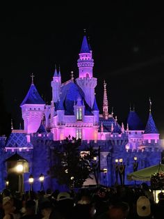 the castle is lit up with purple lights