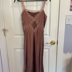 Tried On Once With Tags Still Attached. Excellent Condition. Chic Pink Slip Dress With Lace Trim, Feminine Midi Slip Dress With Lace Trim, Feminine Midi Length Slip Dress With Lace Trim, Elegant Summer Mauve Midi Dress, Elegant Mauve Midi Dress For Summer, Pink Lace Midi Dress With Lace Trim, Pink Lace Trim Slip Dress For Evening, Pink Lace Trim Midi Dress, Pink Lace Trim Evening Slip Dress