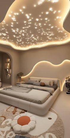 a bed room with a neatly made bed and lights on the ceiling